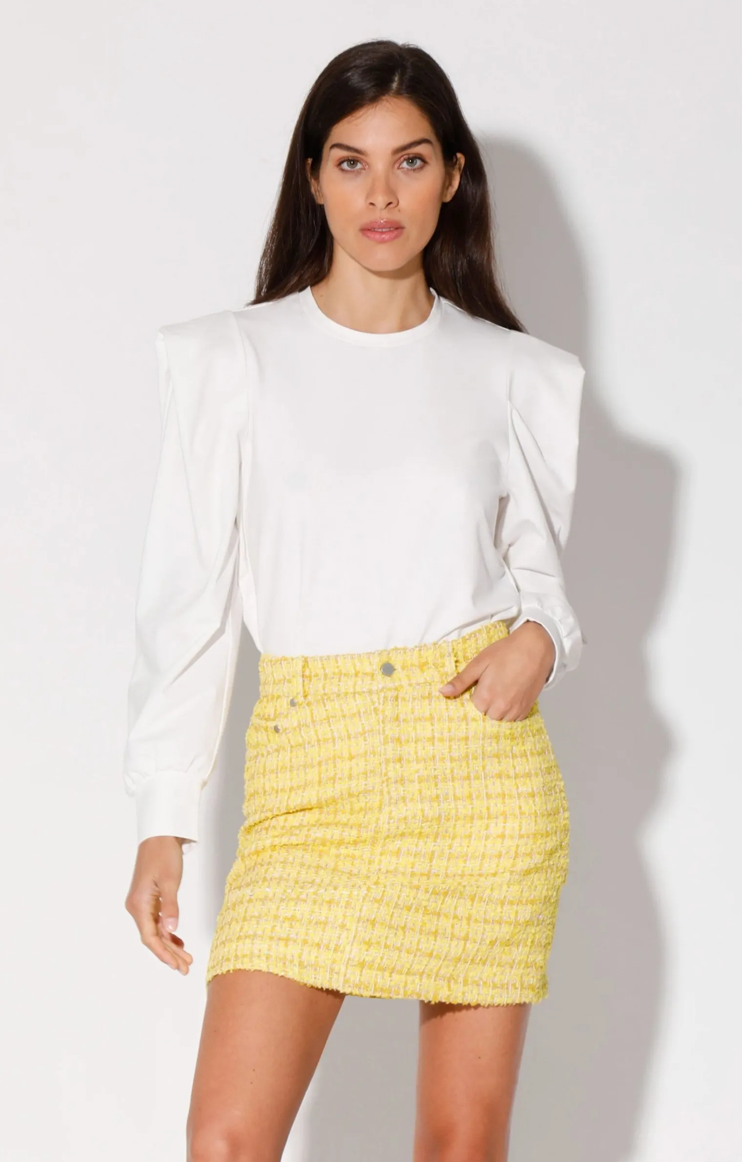 alicia_skirt_sunshine_twe_1.webp Walter Baker Alicia Skirt, Sunshine Tweed>Women Bottoms